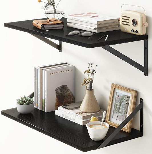 Deep Floating Shelves, 12 Inch Deep Floating Shelves for Wall, 24"W x 12"D Wall Shelves for Books, Rustic Black Wooden Shelves, Large Wide Display Shelf for Bathroom, Living Room, Bedroom, Set of 2-Ruum Studio Home