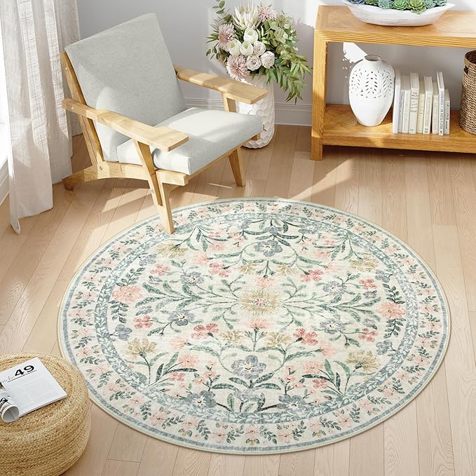 Wonnitar Round Washable Rug, Soft Floral Round Rugs 5ft Circle Carpets for Bedroom Ultra-Thin, Boho Beige Print Distressed Circular Carpet for Living Room Dorm Bedside-Ruum Studio Home