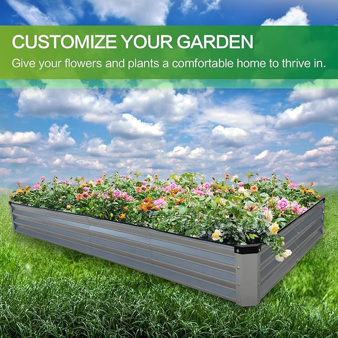 GARDMAX 8x4x1FT Galvanized Raised Garden Bed Kit, Metal Planter Boxes Outdoor with Easy Assembly, Large Garden Bed for Vegetables, Fruits, Flower, Herbs Rectangle Silver-Ruum Studio Home