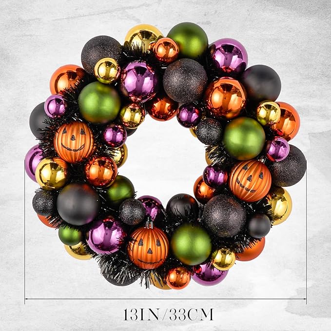 JORNOY 13inch Small Halloween Ball Wreath with Ghost&Pumpkin Accents - Seasonal Orange/Black Wall Hanging, Front Door, Mantel, Porch Decor for Home-Ruum Studio Home