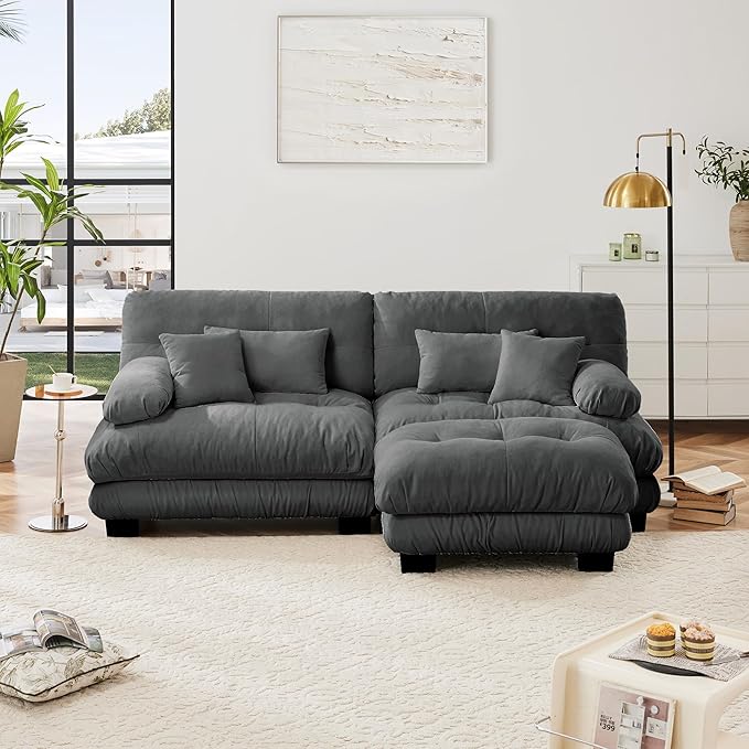 Loveseat Modular Sectional Sofa, L Shaped Couch with Ottoman, Cloud Couch Sectional Couch Home Sofa Living Room Oversized Couch Deep Seat Couch with Round Bolster Armrests 4 Pillows(Gray)-Ruum Studio Home