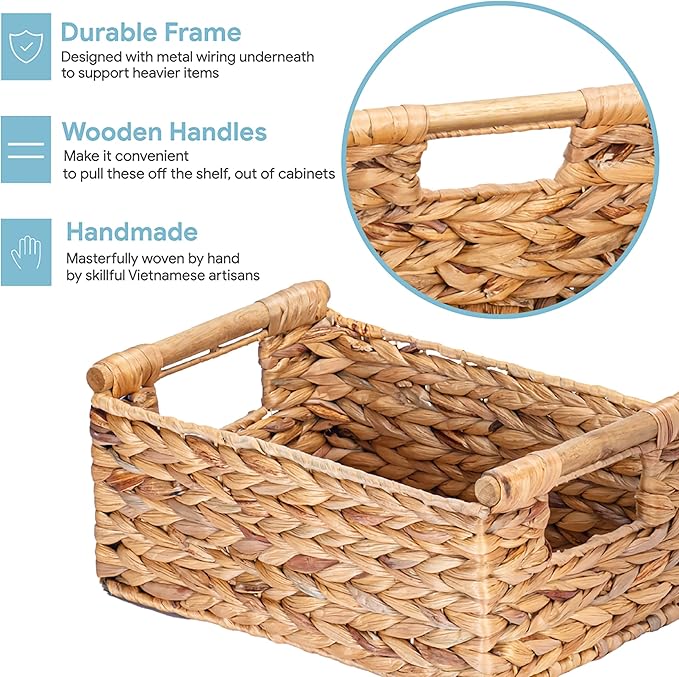 VATIMA Hyacinth Small Wicker Basket 11.6x8.1x4.9" - Bathroom Organizer, Wooden Handle, Decorative Storage-Ruum Studio Home