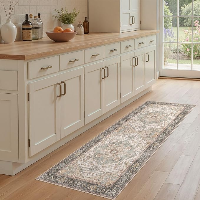 Washable 2x6 Runner Rug - Area Rugs Neutral Vintage Distressed Floral Farmhouse Boho Large Soft Floor Rug Indoor Carpet for Hallway Entryway Bedroom Kitchen - Forest Green Orange-Ruum Studio Home
