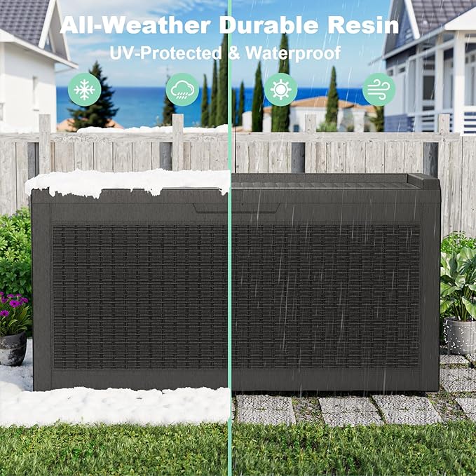60 Gallon Resin Deck Box, Lockable Outdoor Storage Box for Patio Cushions Storage Furniture,Garden Tools, Pool Supplies, Weatherproof and UV Resistant（Black Rattan）-Ruum Studio Home