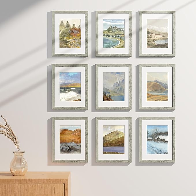 Vittanly 8.5x11 Picture Frames Set of 9, Shatter Resistant Plexiglass, Display 6x8 Pictures with Mat or 8.5x11 without Mat, Photo Frames for Wall or Tabletop, Engineered Wood, Grey-Ruum Studio Home