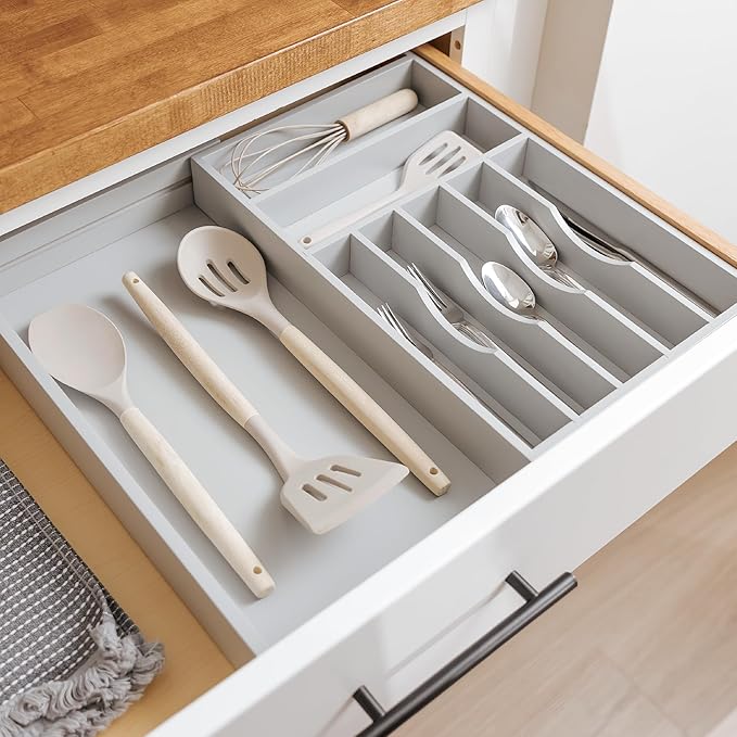Premium Silverware, Flatware and Utensil Organizer for Kitchen Drawers, Food-Safe Contract Grade, Expandable from 10.5 to 19 In, Gray Bamboo-Ruum Studio Home