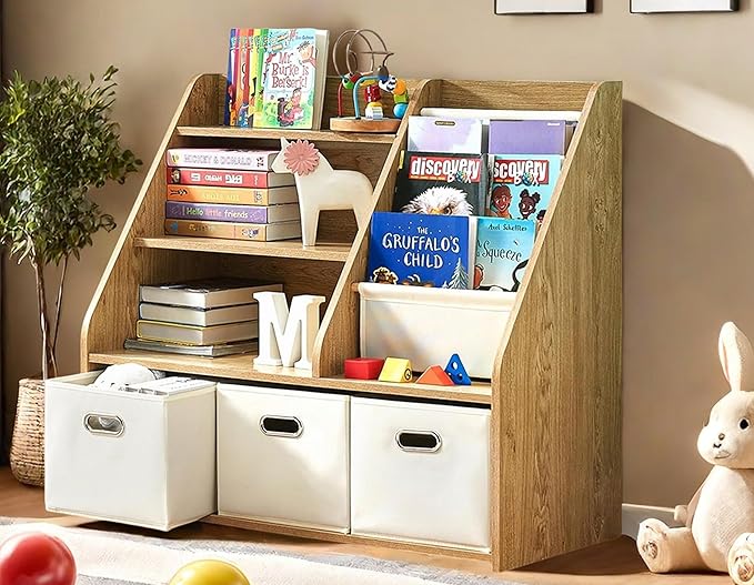 Kids Bookshelf and Toy Storage Organizer, Montessori Nursery Book Shelves with 3 Tier Sling Rack & Fabric Toy Bins, Children Toddler Baby Bookshelf, Wooden Toy Shelf for Kids Room Playroom-Ruum Studio Home