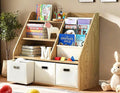 Kids Bookshelf and Toy Storage Organizer, Montessori Nursery Book Shelves with 3 Tier Sling Rack & Fabric Toy Bins, Children Toddler Baby Bookshelf, Wooden Toy Shelf for Kids Room Playroom-Ruum Studio Home