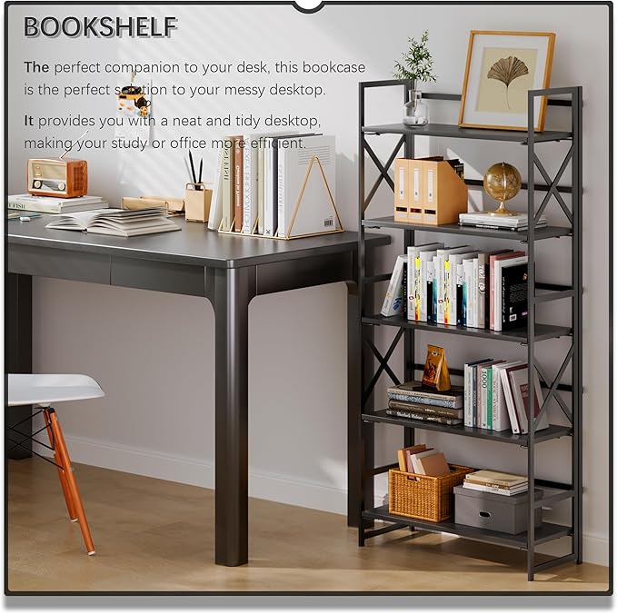 4NM 5 Tiers No Assembly Book Shelves, 51.2" H Folding Bookshelf Bookcase Open Industrial Foldable Shelves for Bedroom, Living Room, Home Office - All Black-Ruum Studio Home