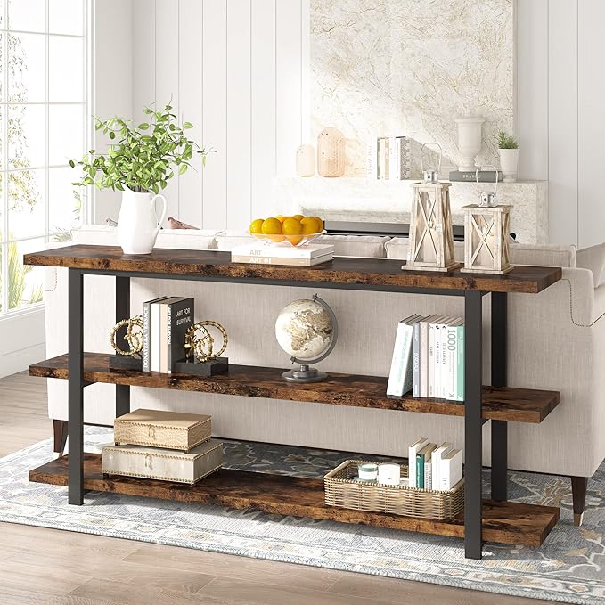 70.8 Inch Extra Long Console Table for Entryway, Narrow Hallway Table, Wood Sofa Table with 3 Tier Storage Shelves for Living Room-Ruum Studio Home