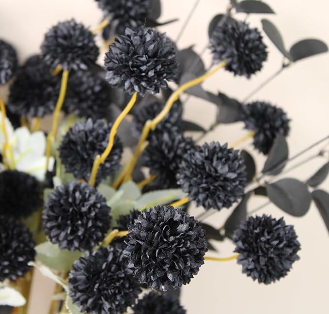 RyddeligHome Black Artificial Flowers for Centerpieces Bulk 10 Long Stems /50 Small Faux Silk Mum Balls + Black Eucalyptus Stems 2 Branches, Fall Boho Halloween Home Decor Indoor, Gothic Flowers-Ruum Studio Home