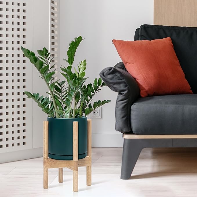 D'vine Dev Ceramic Planter with Natural Stand - 8 Inch Modern Round Flower Pot with Wood Planter Holder, Teal, 55-B-N-4-Ruum Studio Home