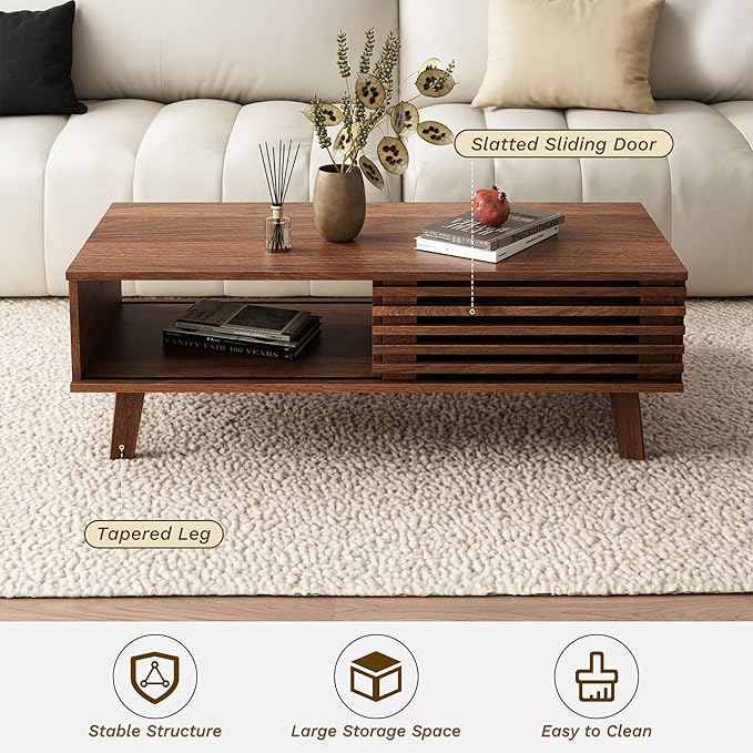 Mid Century Coffee Table with Storage & Sliding Fence Door, Modern Coffee Tables for Living Room, Walnut Finish-Ruum Studio Home
