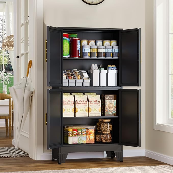 47.25" Metal Storage Cabinet, Black Kitchen Food Storage with 4 Door and 2 Adjustable Shelves, Freestanding Bathroom Cabinet, Pantry for Kitchen Dinning Room, Cupboard-Ruum Studio Home