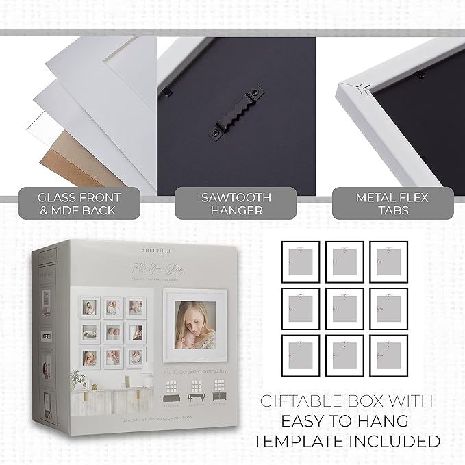 Sheffield Home 9 Piece Gallery Wall Frame Set, 12x12 Inch, White-Ruum Studio Home