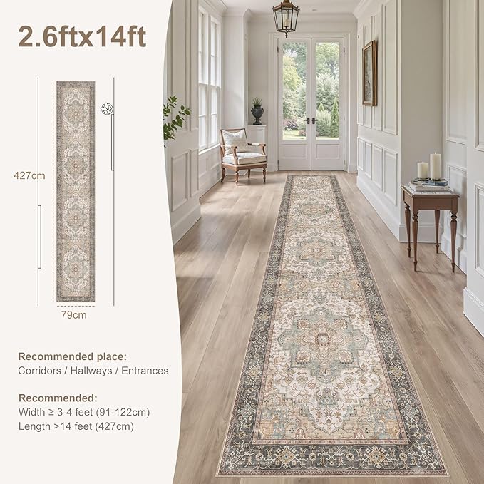 Washable 2.6x14 Runner Rug - Area Rugs Neutral Vintage Distressed Floral Farmhouse Boho Large Soft Floor Rug Indoor Carpet for Hallway Entryway Home - Forest Green Orange-Ruum Studio Home