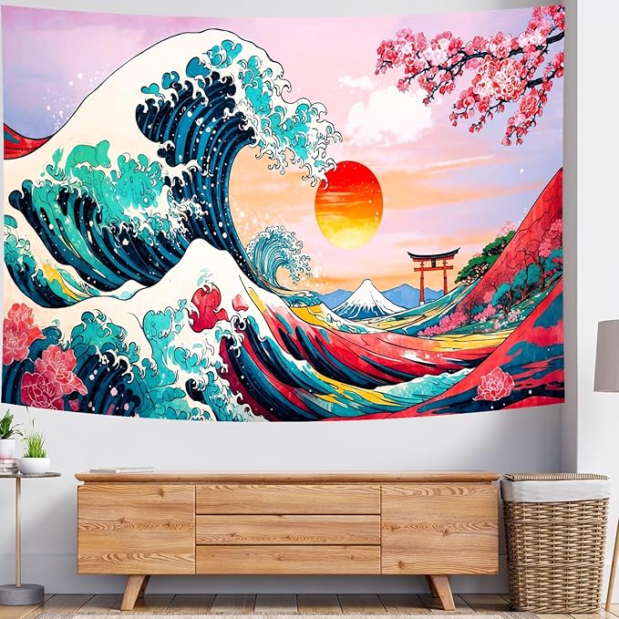 Delur Great Wave Tapestry Japanese Sunset Ocean Sea Wave Off Kanagawa Tapestry Wall Hanging Vintage Asian Anime Cherry Blossom Nature Headboard for Bedroom Living Room Home Decor (70.8" x 92.5")-Ruum Studio Home