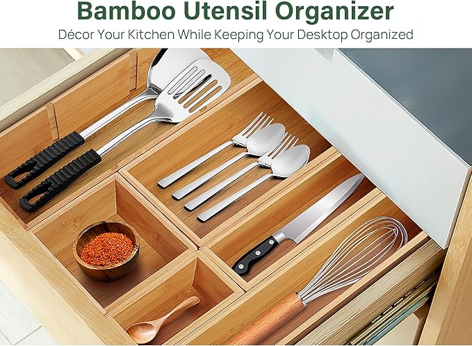 Kootek Bamboo Drawer Organizer with Removable Dividers, 6 Pcs Adjustable Kitchen Drawer Organizer Utensils Bamboo Organizers Silverware Storage Box Cutlery Tray Multi-Use for Bathroom, Makeup, Office-Ruum Studio Home