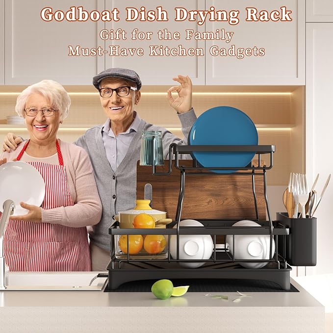 Godboat Dish Drying Rack, 2-Tier Dish Rack with Auto-Drain & Mat, Dish Racks for Kitchen Counter, Dish Drainer with Knife, Fork & Cup Rack, Gifts for Women, Mothers Day, Cool Stuff & Kitchen Gadgets-Ruum Studio Home