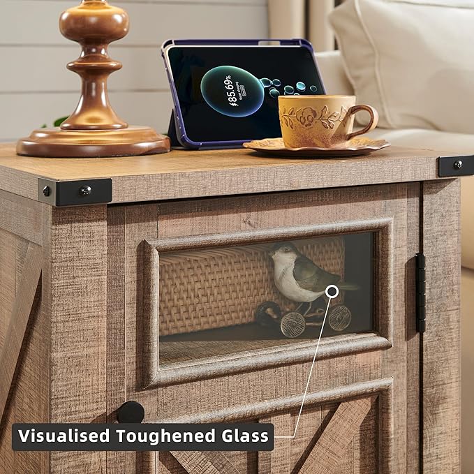 JXQTLINGMU Farmhouse End Table with Charging Station, 18'' Rustic Nightstand with Barn Door & Adjustable Shelf, Wooden Sofa Side Table with 3-Tier Storage for Living Room, Bedroom, Warm Brown-Ruum Studio Home