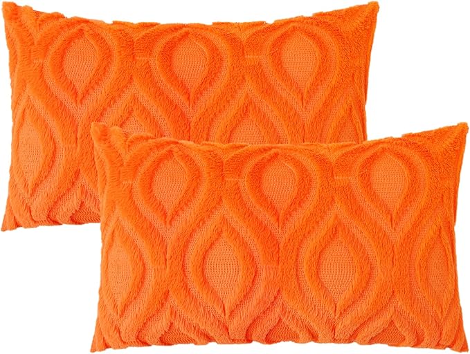 decorUhome Fall Throw Pillow Covers 12x20 Inch Set of 2, Soft Plush Decorative Faux Fur Orange Solid Couch Pillow Covers, Accent Farmhouse Neutral Lumbar Euro Pillow Cases for Sofa Bed Living Room-Ruum Studio Home