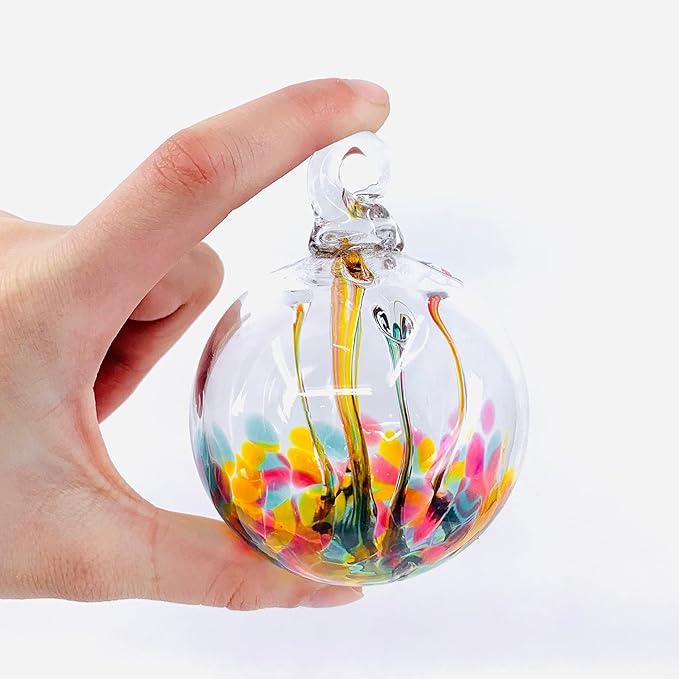 Luke Adams Glass | 3" Mini Glass Tree of Life | Handmade Ornament | Hanging Garden Gazing Ball | Indoor Outdoor Home Décor | (Pink Amber Teal)-Ruum Studio Home