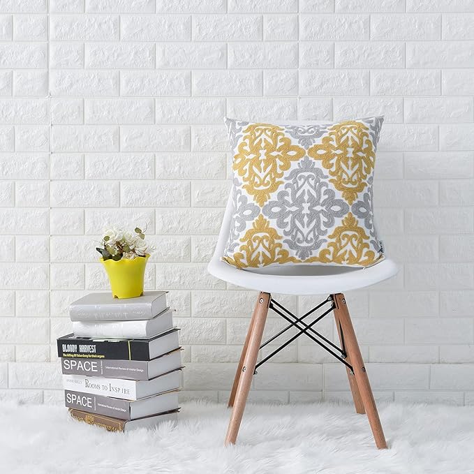 HWY 50 Mustard Yellow Decorative Throw Pillow Covers 18x18 Inch, Pack of 2 Embroidered Cotton Farmhouse Cushion Cover Pillow Case for Sofa Couch Living Room Bed Bedroon, Accent Geometric-Ruum Studio Home