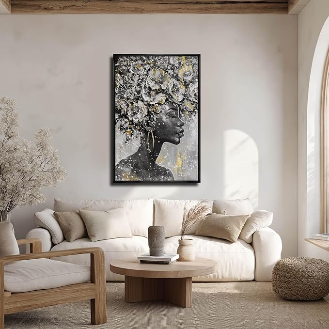 MLART99 Gold African American Wall Art Black Woman Wall Decor with Frame Vertical Floral Canvas Painting Modern Print Bedroom Living Room Decor 24x36 Inch-Ruum Studio Home