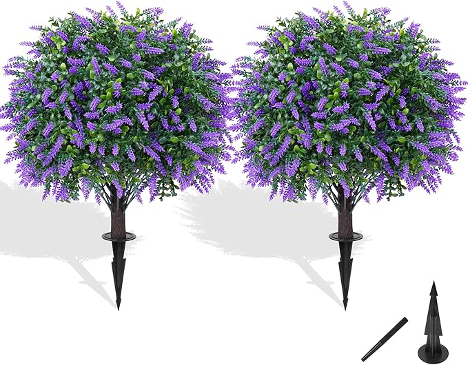 Artificial Boxwood Topiary Ball with Lavender, Set of 2 Artificial Shrub Bushes with Ground Spike, Fake Evergreen Tree for Porch, Artificial Plants for Outdoor Planters Indoor UV Resistant-Ruum Studio Home