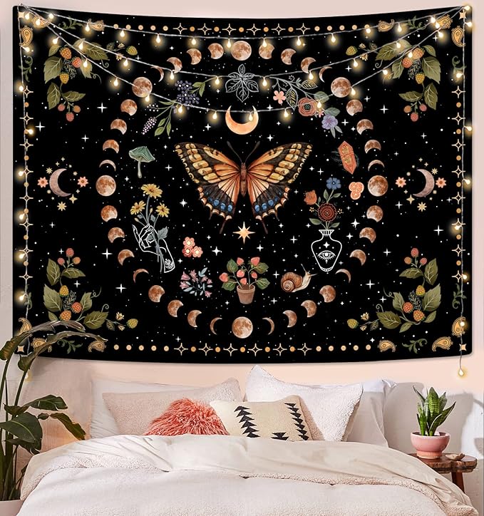 Aipon Yellow Butterfly Moon Flower Tapestry Botanical Floral Plant Boho Tapestry for Bedroom Aesthetic Vintage Tapestries Wall Hanging for Living Room Dorm (36.00'' × 48.00'', Yellow)-Ruum Studio Home
