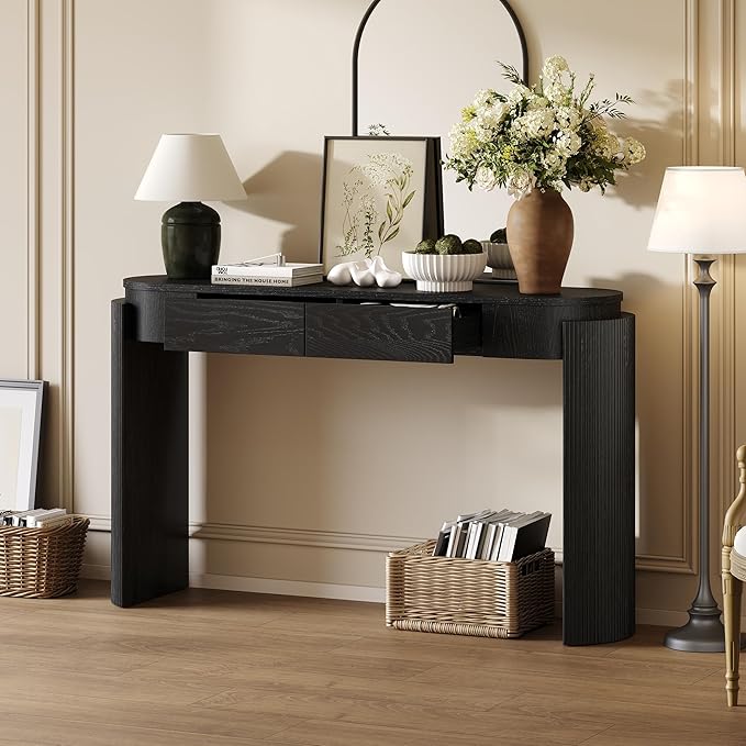 55" Sofa Table with Oval Top and 2 Drawers, Entryway Console Table with Fluted Design for Hallway,Foyer,Entry and Living Room (Fully Assembled-Black)-Ruum Studio Home