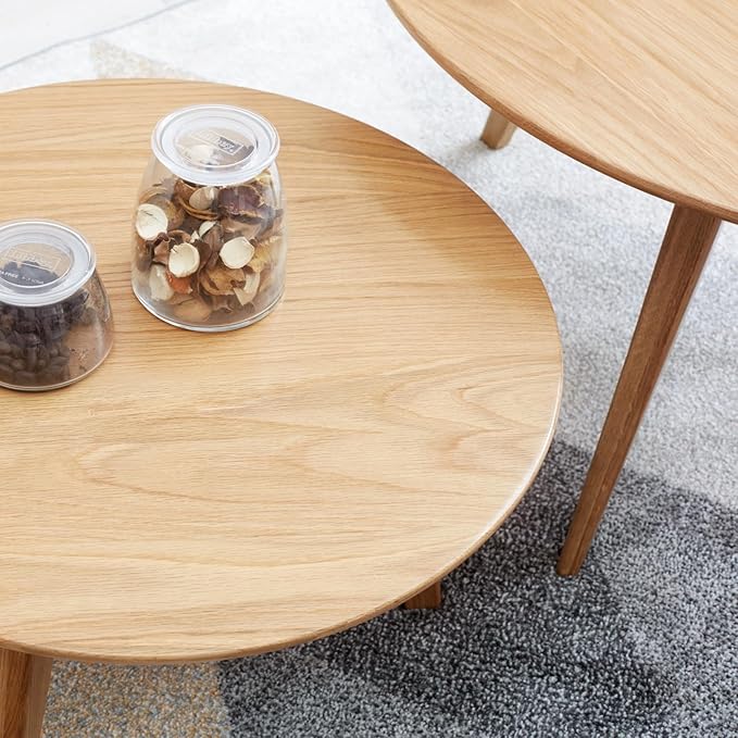 100% Solid Oak Wood Mini Coffee Table, Round Living Room Table Side Table w/Solid Wood Legs, Walnut Mid Century Sturdy Tables for Bedroom Balcony Living Room (23.62" D x 13.78" H)-Ruum Studio Home