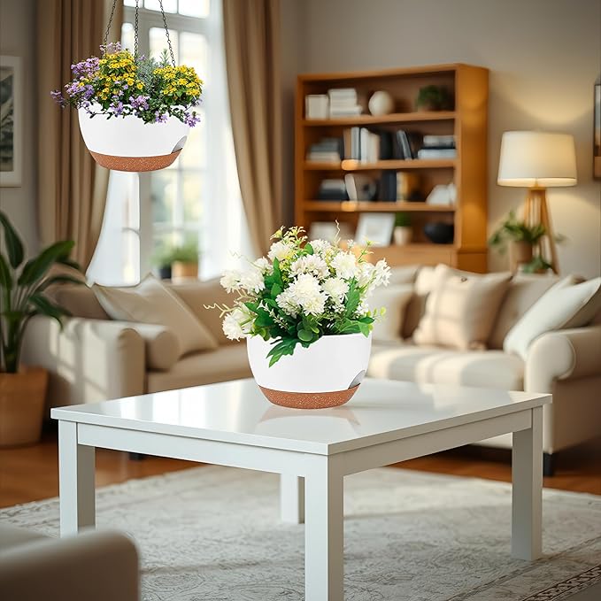 2 Pack 12 Inch Large Hanging Planters with Chains Self Watering White Brown Plastic Hanging Pots for Indoor Outdoor Plants, Garden Porch Home Decor，White Brown-Ruum Studio Home