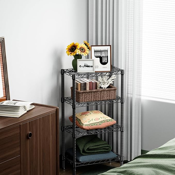 1000 lbs 4 Tier Shelf Metal Storage Shelves Wire Rack Closet Organizers with PP Board for Garage Kitchen Bathroom Laundry Black 11.8" D x 21.7" W x 39.5" H-Ruum Studio Home