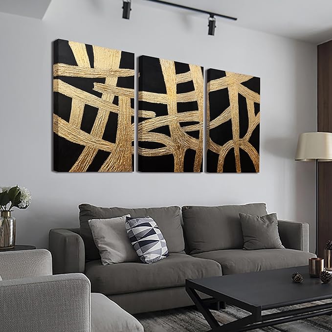 Canvas Wall Art Decor Large Wall Art Pictures for Living Room Black And Gold Wall Art Decor Artwork for Walls Abstract Textured Wall Art Prints Art Work For Room Office Home Wall Decor 24" X 36" *3pcs-Ruum Studio Home
