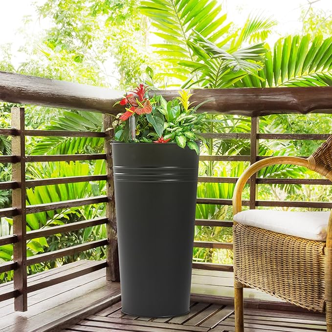 KOL 22''H 2-Pack Planter with Water Level Indicator - Galvanized Steel Pot - Self Watering Planters Flower Pot for Plant - Inner Pot Design - Round Metal Planter Box - Indoor Outdoor Planting - Black-Ruum Studio Home
