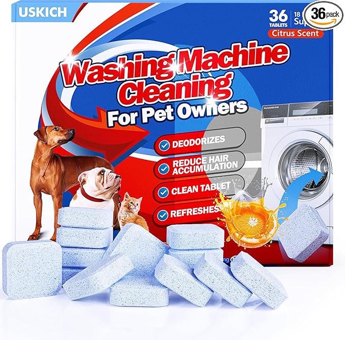 Washing Machine Cleaner-36Pack-18 Month Supply,Washer Machine Cleaner Tablets Formulated For Pet Owners,Easy Pet Hair Remover for Laundry,Compatible with HE, Top & Front Load Washer.Septic Safe-Ruum Studio Home