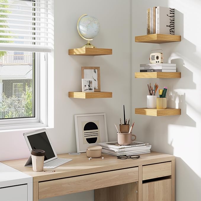 fuqing Floating Shelves for Wall, Bathroom Shelf Wall Mounted for Storage, Shelves with Invisible Bracket for Bedroom, Kitchen, Living Room, Farmhouse Small Book Shelf, 6.5 Inch Set of 3, Oak-Ruum Studio Home
