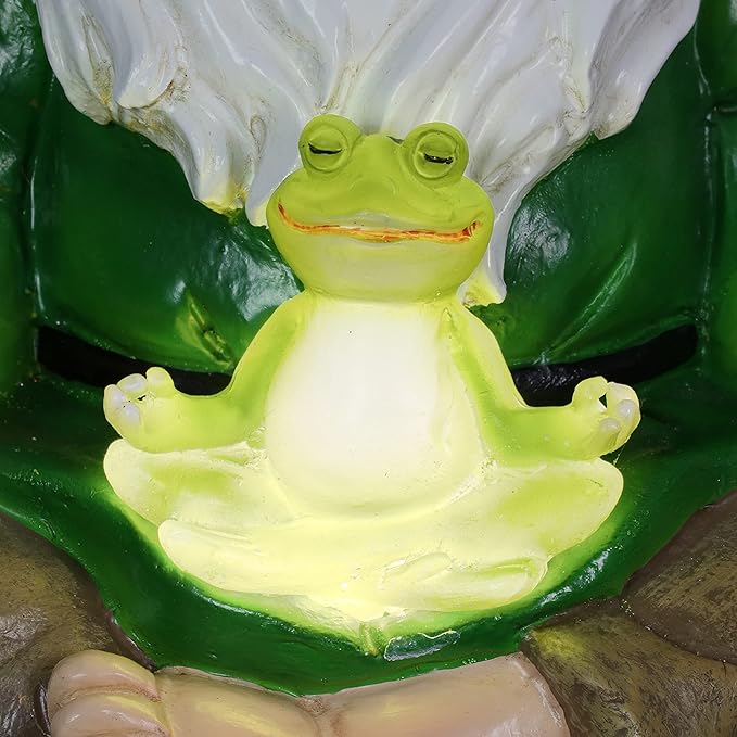 Exhart Solar Light-Up Meditating Gnome Statue w/LED Frog, Durable Resin Garden Décor, 8”x6.5”x10.5”-Ruum Studio Home
