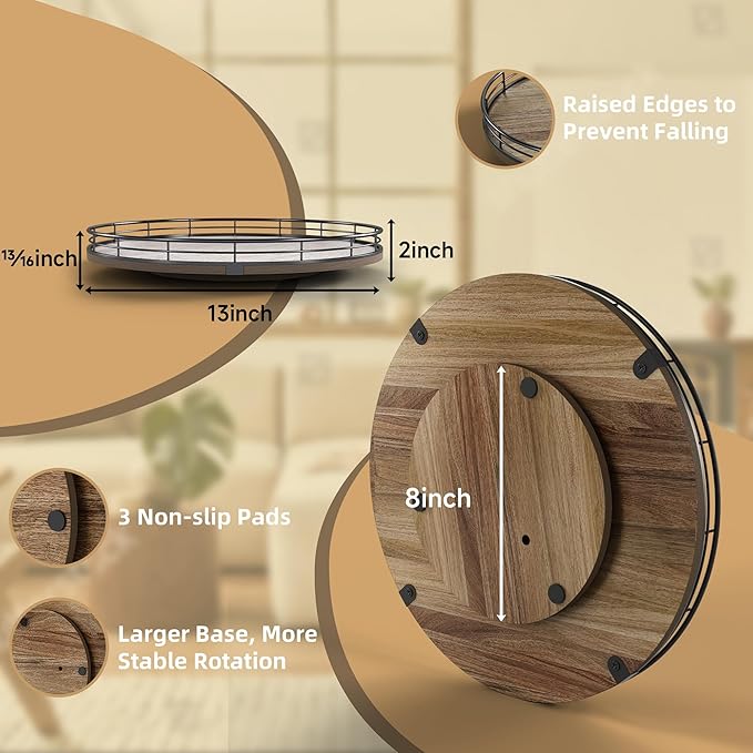 Acacia Wood 13" Lazy Susan Turntable Organizer for Table Top, Farmhouse Round Wooden Lazy Susan for Cabinet Kitchen Centerpieces Coffee Table, for Condiments Spices, Bathroom Vanity Tray Decor-Ruum Studio Home