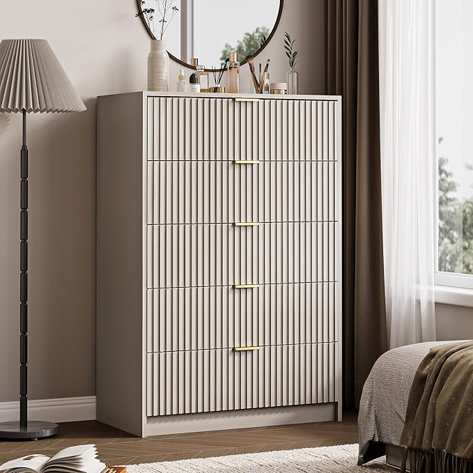 5 Drawer Dresser for Bedroom, Tall Dresser Chest of Drawers with Gold Handles, 32 Inch Wide Nightstand with for Bedroom, Living Rooms, Offices, and Entryways, Beige-Ruum Studio Home