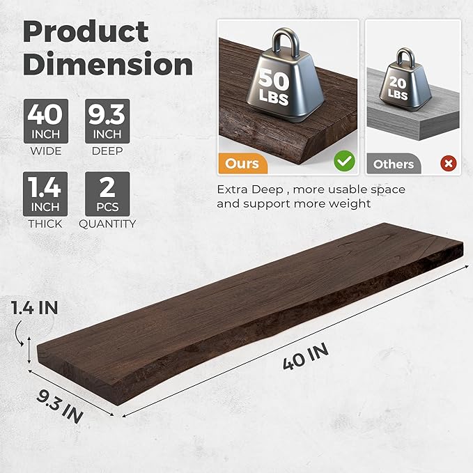 RICHFOCUS Live Edge Elm Floating Shelves - 40" W x 9.3" D Rustic Solid Wood Wall Shelves with Invisible Bracket, Wall-Mounted for Living Room, Bedroom, Kitchen Storage & Display, Set of 2, Walnut-Ruum Studio Home