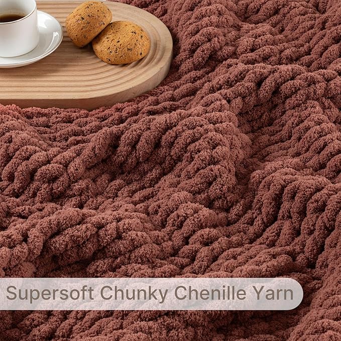 Chunky Knit Blanket Throw, 100% Hand Knit Throw Blanket Handmade Chenille Cable Knit Throw for Couch, Stylish Cozy Soft Rope Knot Crochet Blanket for Home Decor, Copper Brown, 60x80 Inches-Ruum Studio Home