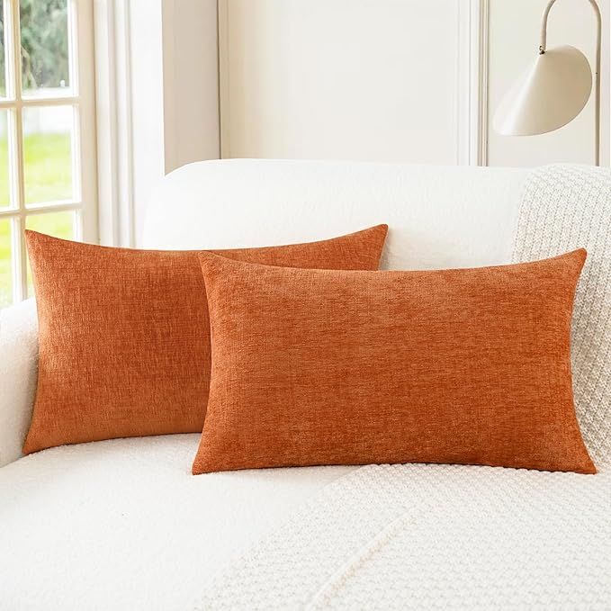 CaliTime Fall Throw Pillow Covers Decorative 12 X 20 Inches Pack of 2 Cozy Chenille Cushion Cases for Couch Sofa Bed Living Room Home Burnt Orange-Ruum Studio Home
