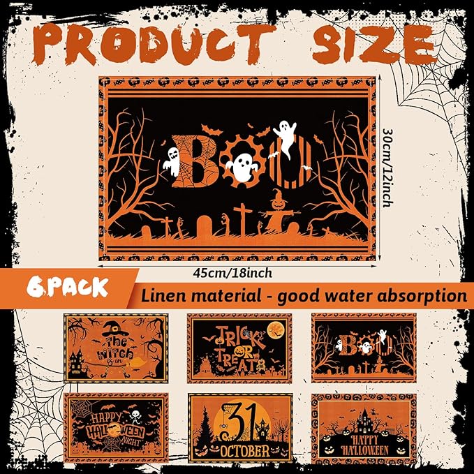 Umigy 6 Pcs Halloween Placemats 12"x18" Gothic Bat Placemats Kitchen Decoration Washable Witch Place Mats Rectangle Skull Table Mats for Halloween Dining Table Accessories(Black Orange Style)-Ruum Studio Home