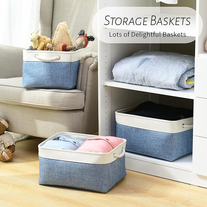 TcaFmac Storage Basket for Organizing - Large 4 Pack Fabric Storage Bins Baskets for Shelves with Ropes, Foldable Storage Cubes for Closet Cloth Toy (White & Blue16x12x8 inch)-Ruum Studio Home