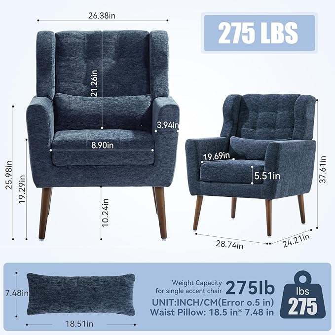 Accent Chair Set of 2, Upholstered Armchair with Pillow, Fabric Single Sofa Chair with Lounge Seat and Wood Legs Accent Chair for Living Room Small Spaces (Dark Blue, Set of 2)-Ruum Studio Home