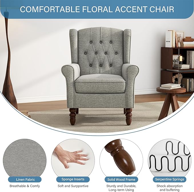 UIXE High Back Accent Chair, Upholstered Armchair in Fabric, Retro Wingback Arm Chair for Living Room, Comfy Single Sofa Bedroom Reading Seat with Solid Wood Legs - Light Gray-Ruum Studio Home