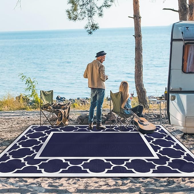 GENIMO 10' x 14' Outdoor Rug Waterproof for Patio, Foldable Reversible Plastic Straw Area Rugs Mat for Rv Decor, Outside Carpet for Camper, Deck, Picnic, Beach, Balcony, Porch, Blue & White-Ruum Studio Home