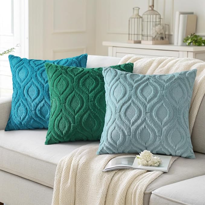 decorUhome Fall Throw Pillow Covers 22x22 Inch Set of 2, Soft Plush Decorative Faux Fur Aqua Solid Couch Pillow Covers, Accent Farmhouse Neutral Square Euro Pillow Cases for Sofa Bed Living Room-Ruum Studio Home